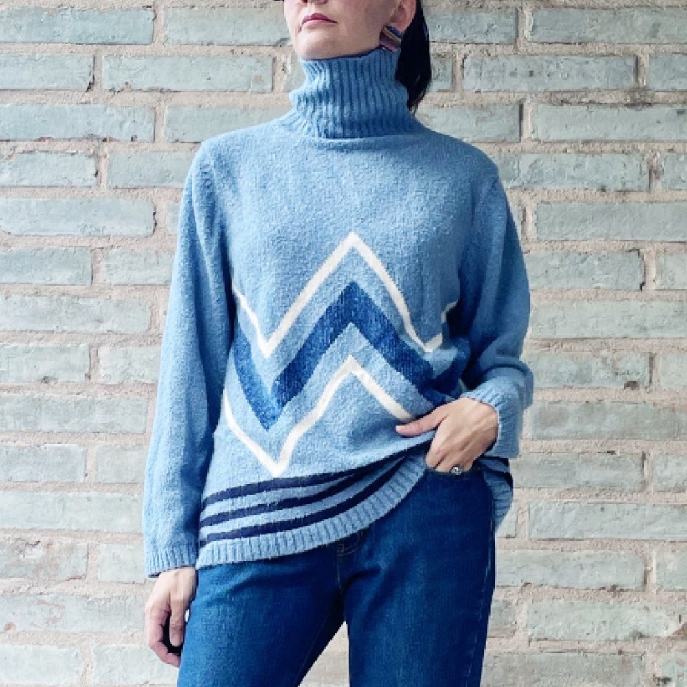 Vintage Turtleneck Sweater 80s Blue Stripe Zigzag Intarsia Oversized Pullover M